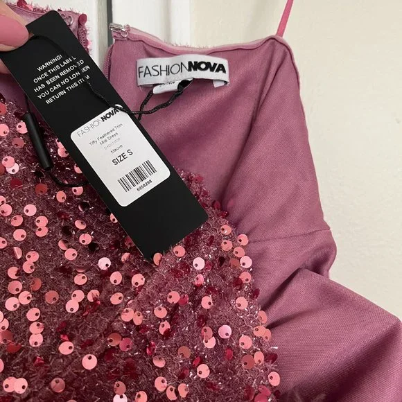 NWT Feathered Sequin Trim Midi Dress - Mauve - Picture 2 of 4
